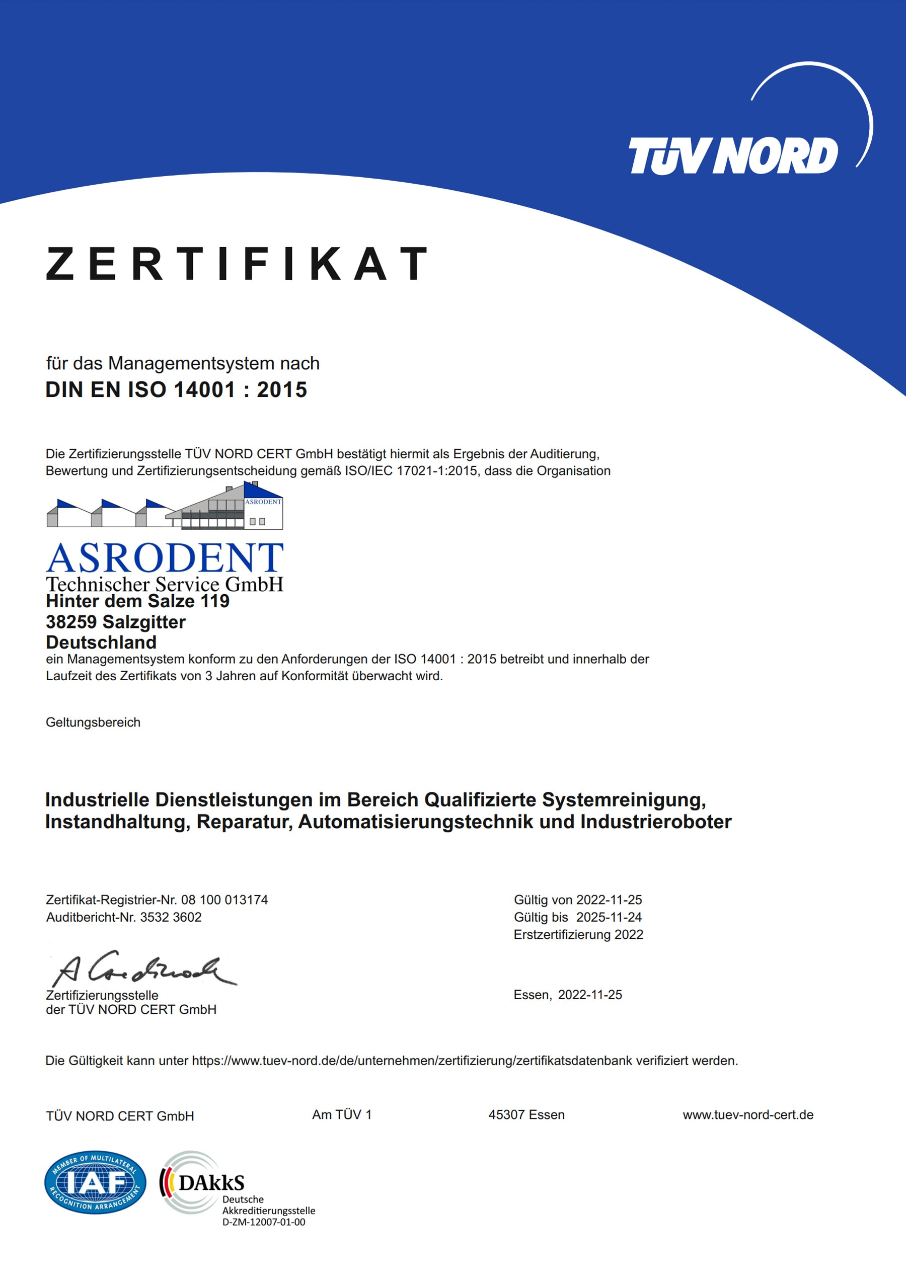 Zertifikat Managementsystem nach DIN EN ISO 14001 : 2015