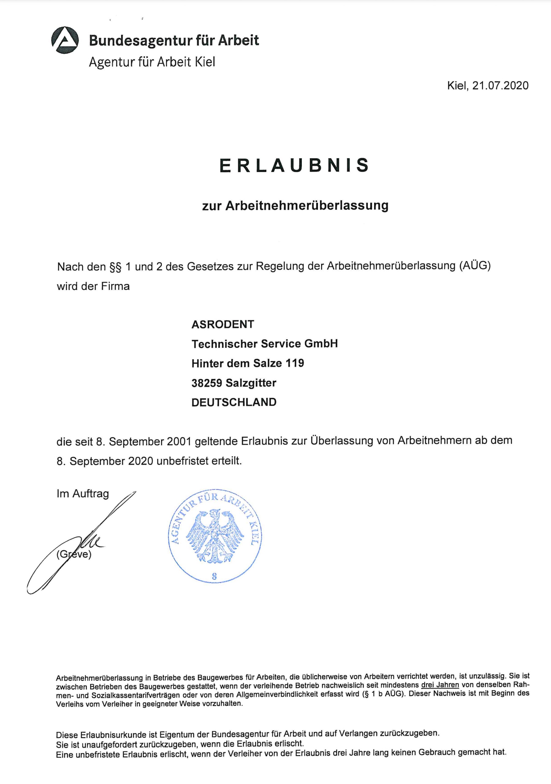 Erlaubnis zur Arbeitnehmerüberlassung der Bundesagentur für Arbeit Kiel.