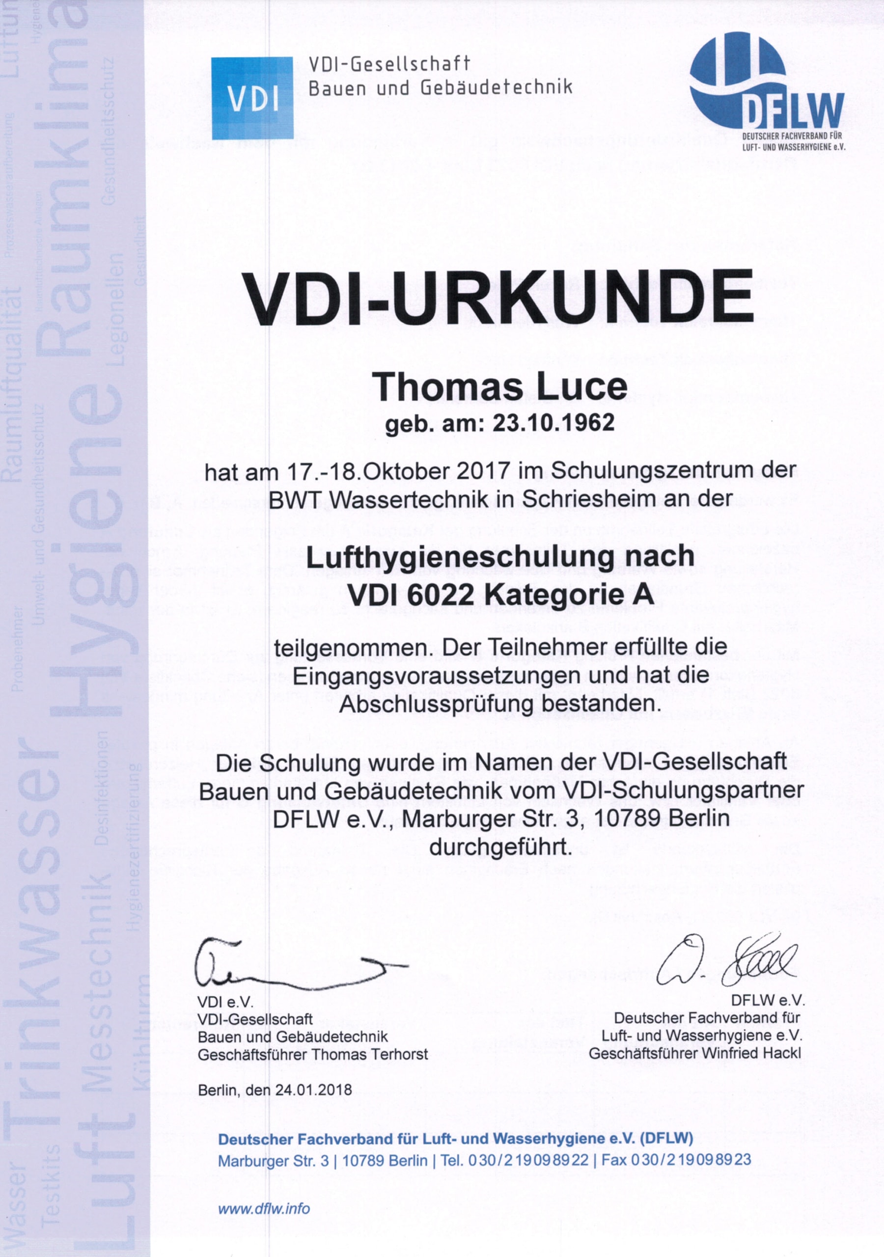 VDI-Urkunde für die Lufthygieneschulung nach VDI 6022 Kategorie A.