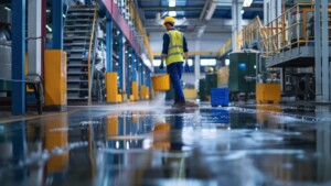 Reinigungskraft reinigt und desinfiziert Fabrikböden.