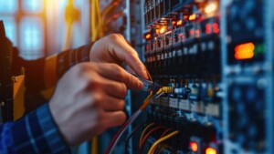 Nahaufnahme eines Elektroingenieurs, der Messgeräte verwendet, um die Wartung im Hauptstromverteiler zu überprüfen.