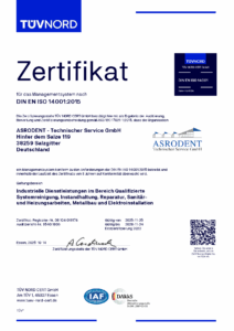 ASRODENT Zertifikat Managementsystem 14001 : 2015 Zertifikat Managementsystem nach DIN EN ISO 14001 : 2015