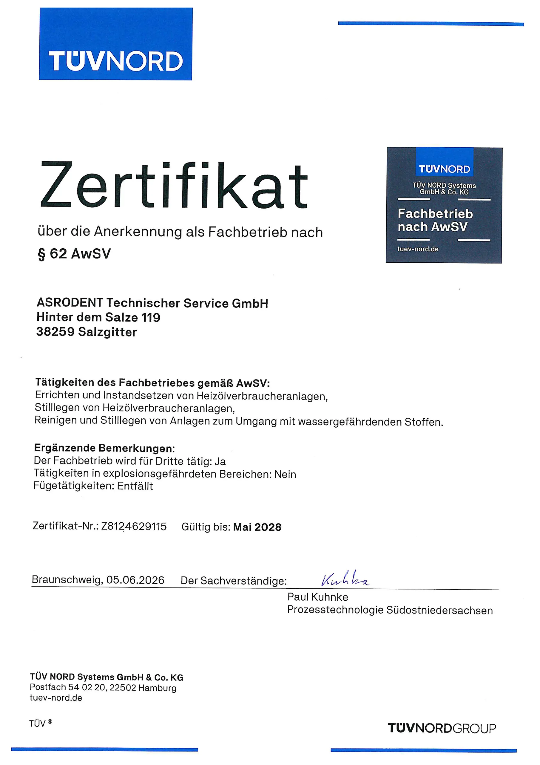 Zertifikat über die Anerkennung als Fachbetrieb nach § 62 AwSV.